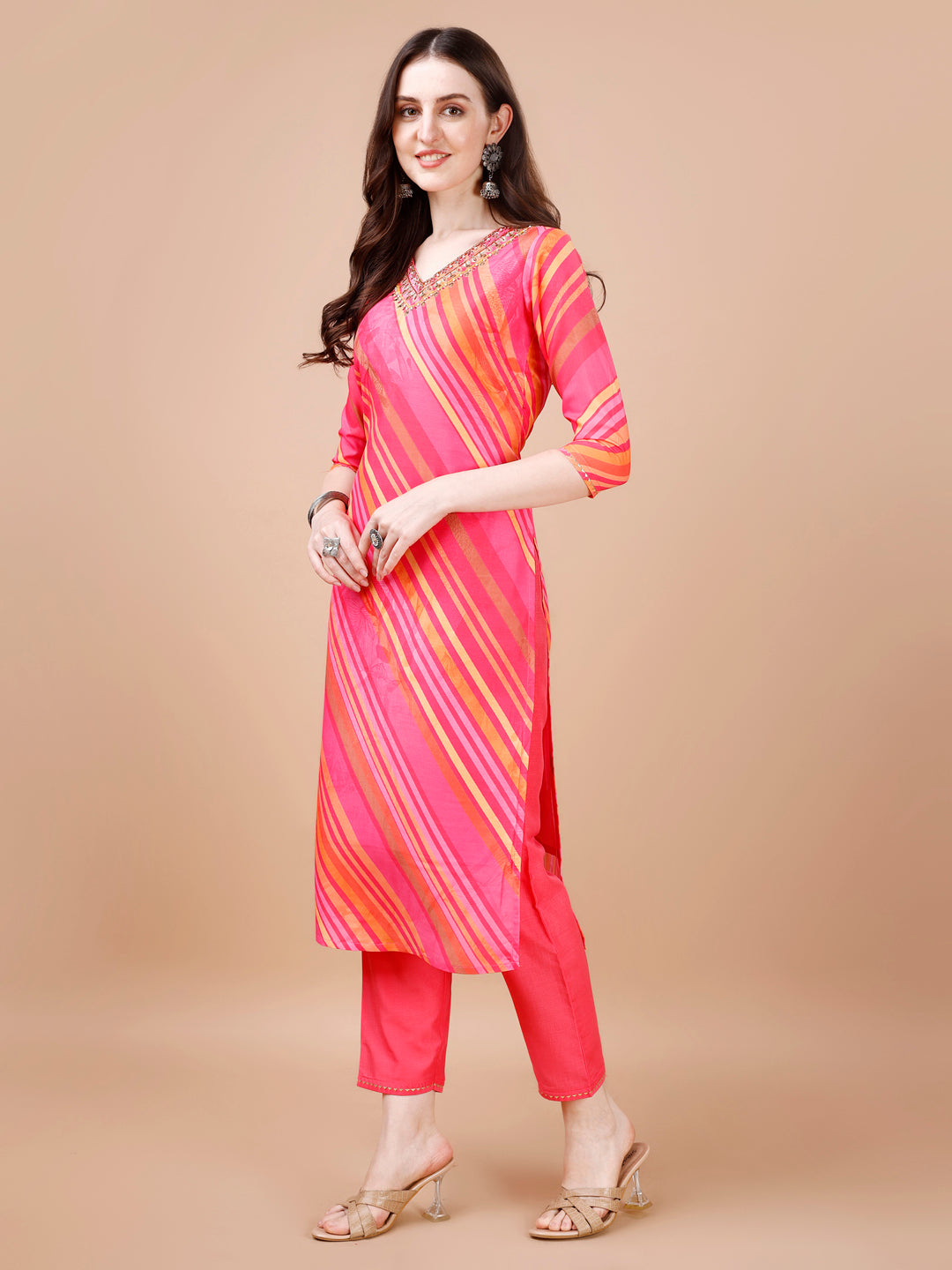 Hand Embroidered Stripes Printed Muslin Kurta With Pant & Dupatta, Multicolor - Hiral Fashion