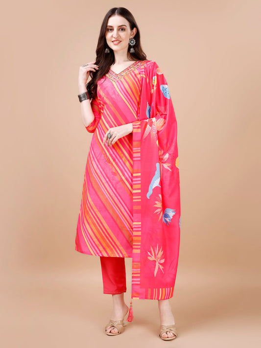 Hand Embroidered Stripes Printed Muslin Kurta With Pant & Dupatta, Multicolor - Hiral Fashion