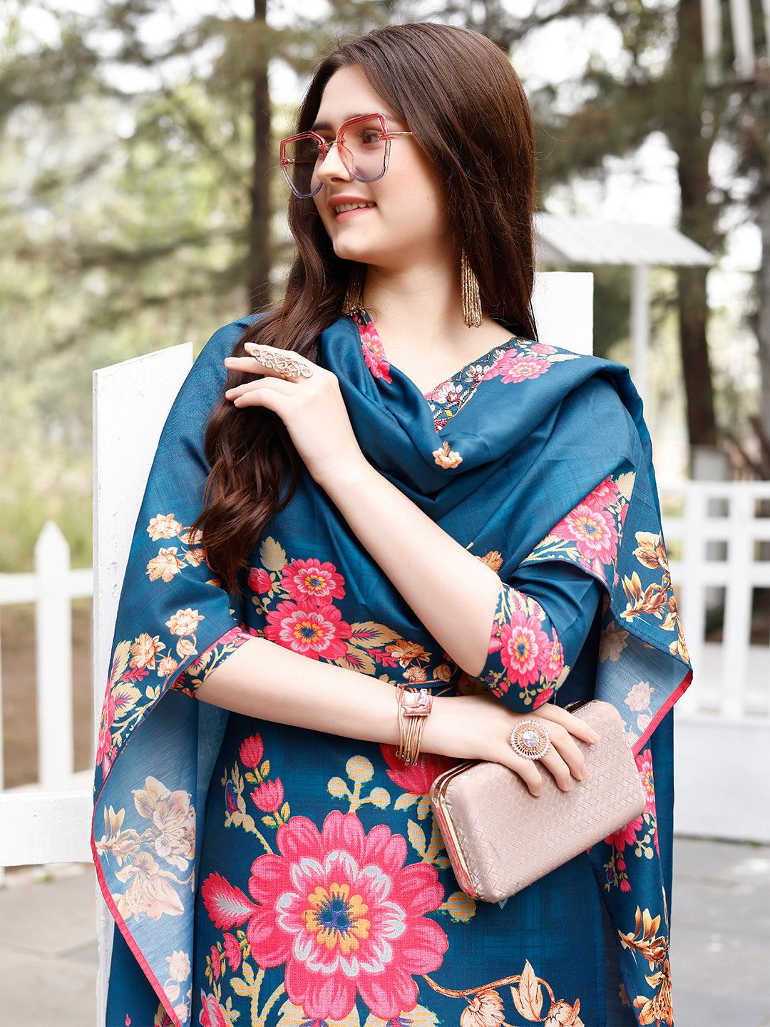 Hand Embroidered Floral Printed Muslin Kurta With Pant & Dupatta, Multicolor - Hiral Fashion