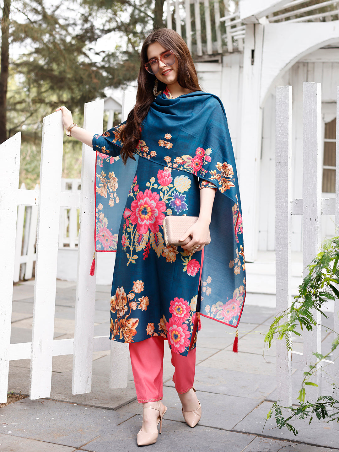 Hand Embroidered Floral Printed Muslin Kurta With Pant & Dupatta, Multicolor - Hiral Fashion