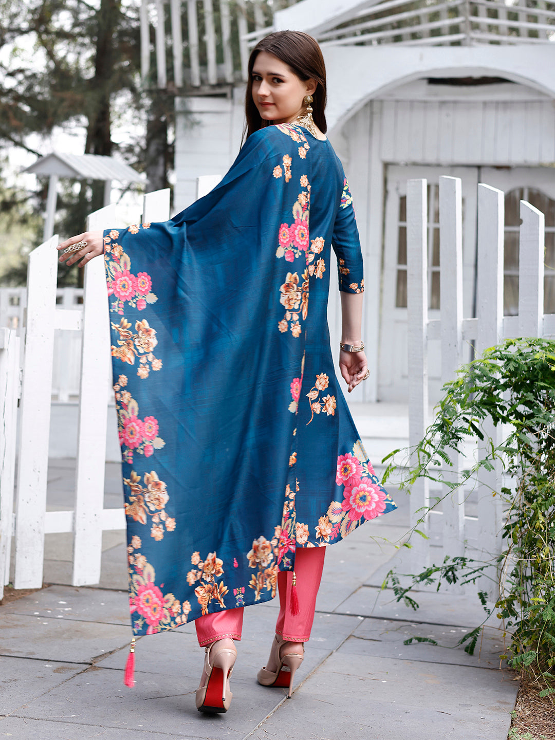 Hand Embroidered Floral Printed Muslin Kurta With Pant & Dupatta, Multicolor - Hiral Fashion