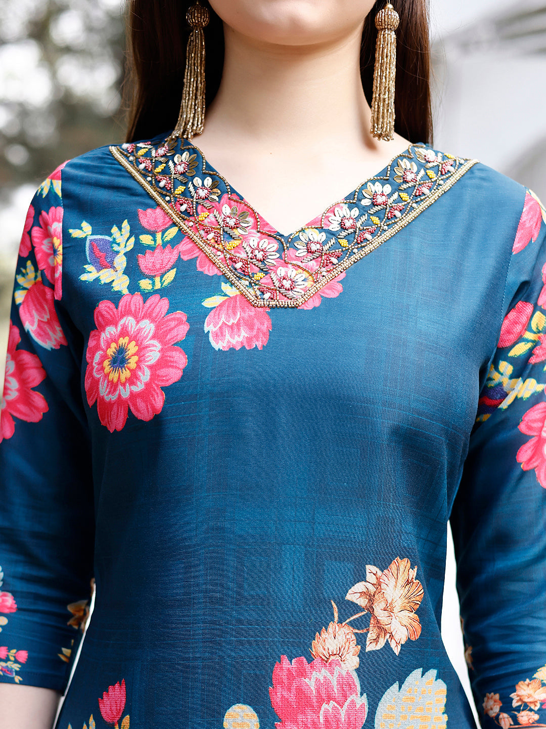 Hand Embroidered Floral Printed Muslin Kurta With Pant & Dupatta, Multicolor - Hiral Fashion
