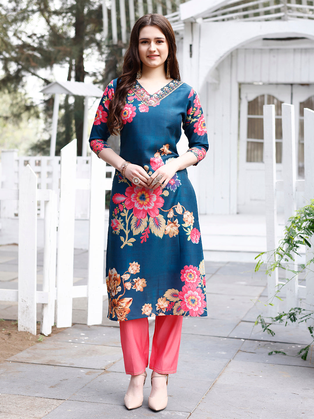 Hand Embroidered Floral Printed Muslin Kurta With Pant & Dupatta, Multicolor - Hiral Fashion