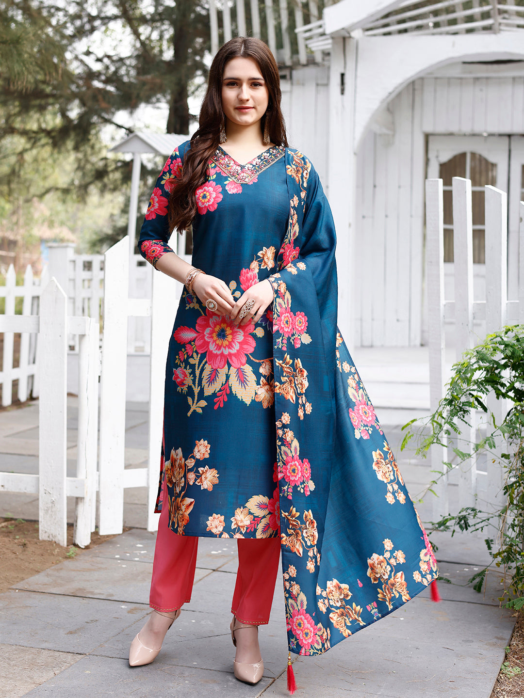 Hand Embroidered Floral Printed Muslin Kurta With Pant & Dupatta, Multicolor - Hiral Fashion