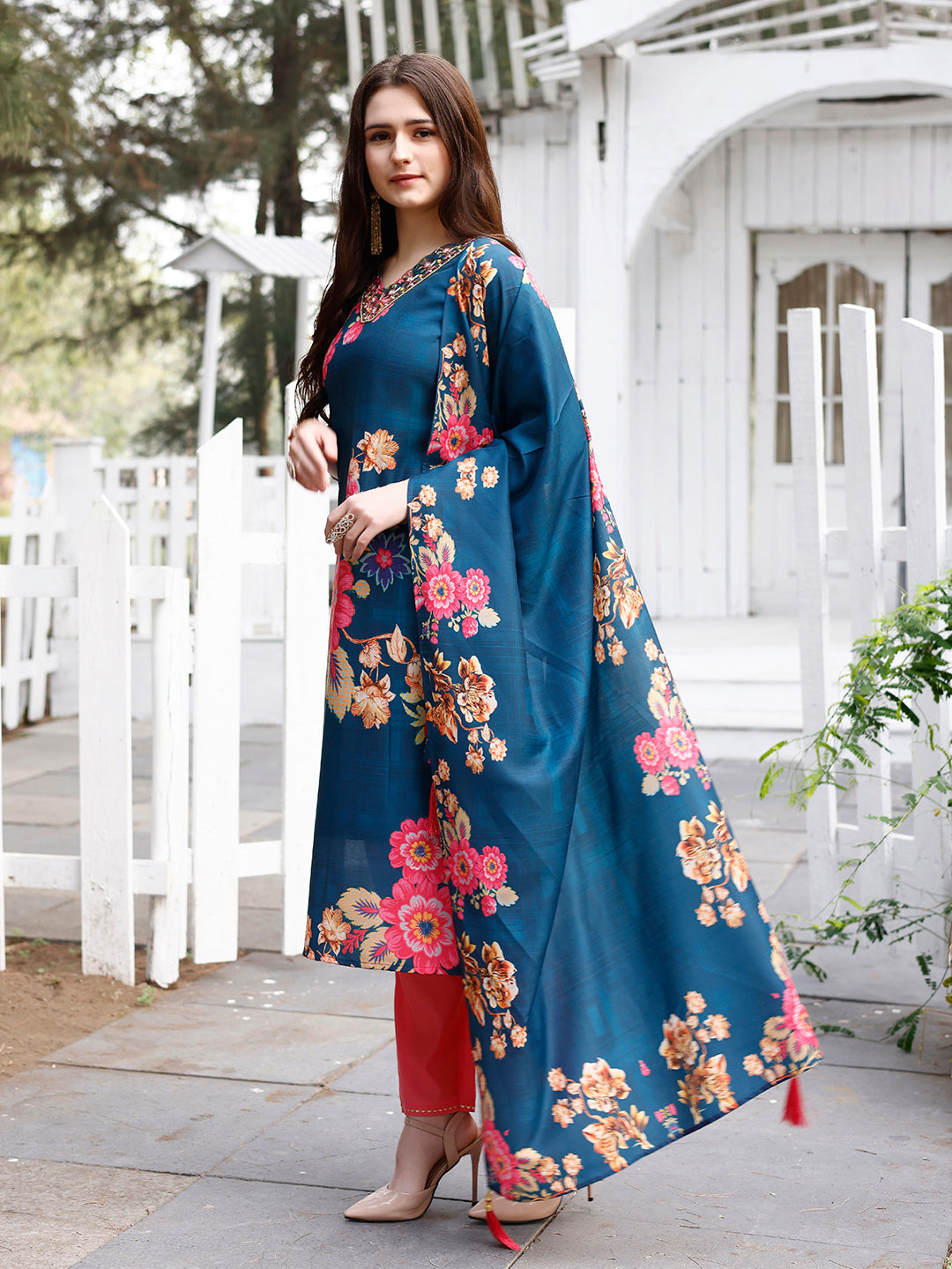 Hand Embroidered Floral Printed Muslin Kurta With Pant & Dupatta, Multicolor - Hiral Fashion