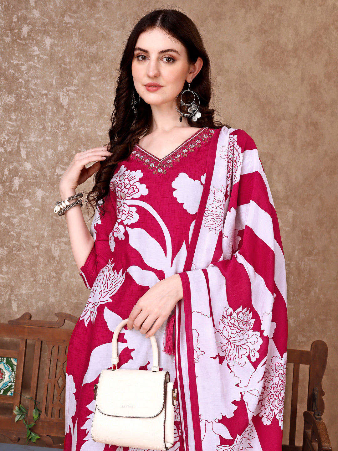 Hand Embroidered & Floral Printed Pure Silk Kurta With Pant & Dupatta, Pink - Hiral Fashion