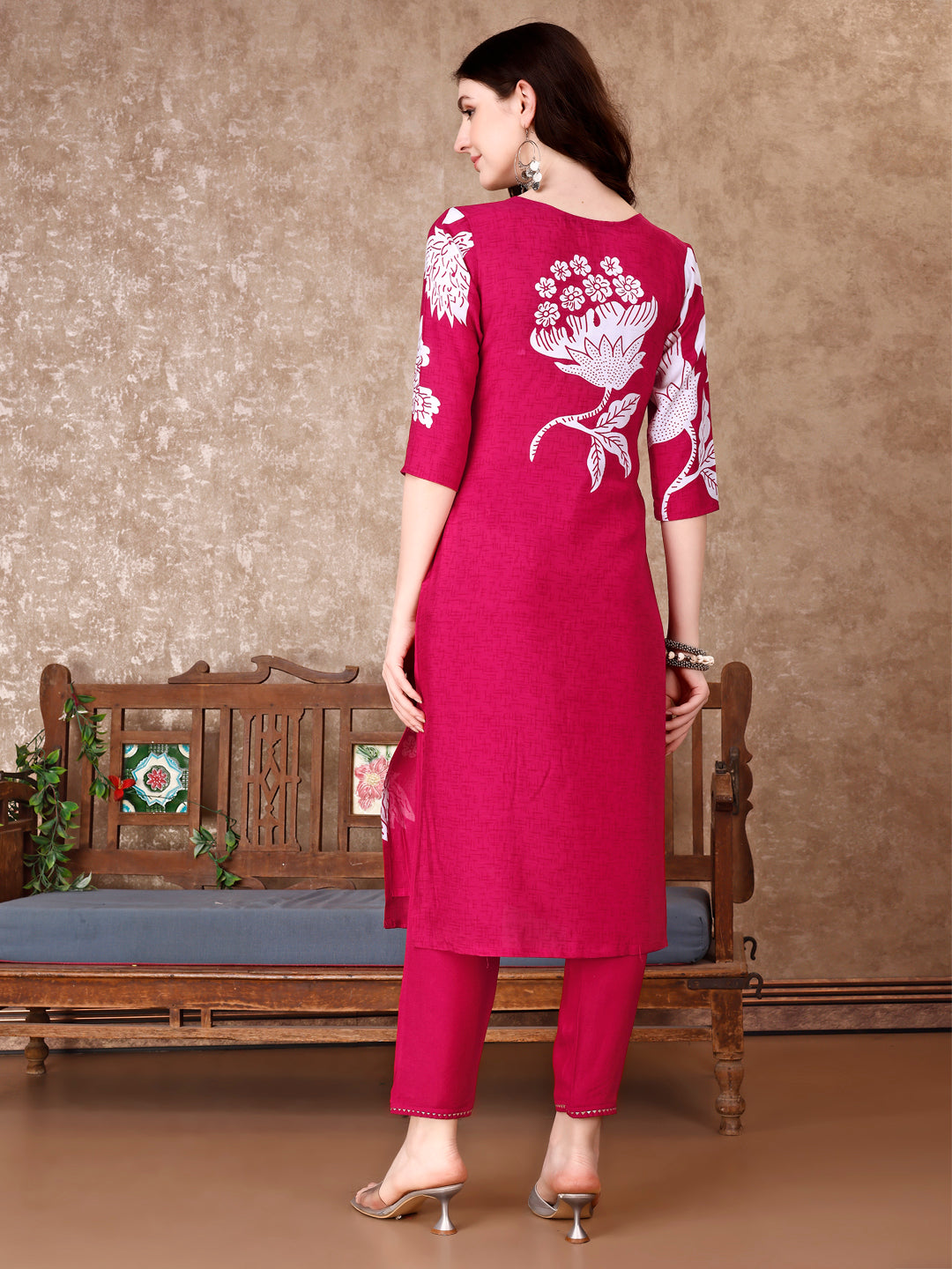 Hand Embroidered & Floral Printed Pure Silk Kurta With Pant & Dupatta, Pink - Hiral Fashion