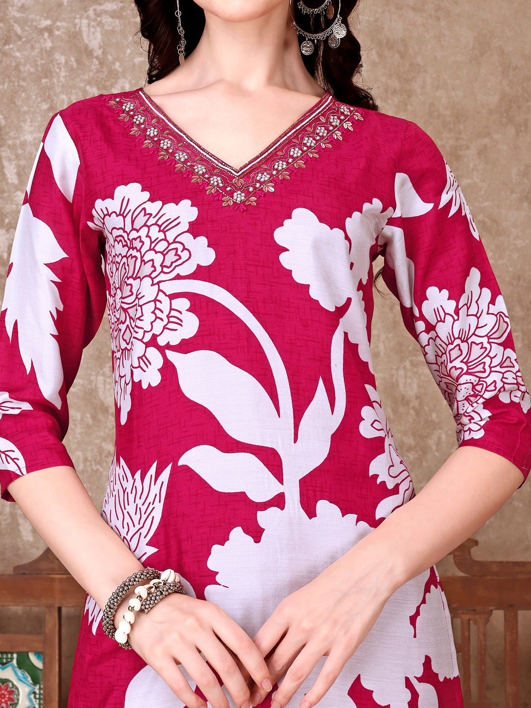 Hand Embroidered & Floral Printed Pure Silk Kurta With Pant & Dupatta, Pink - Hiral Fashion