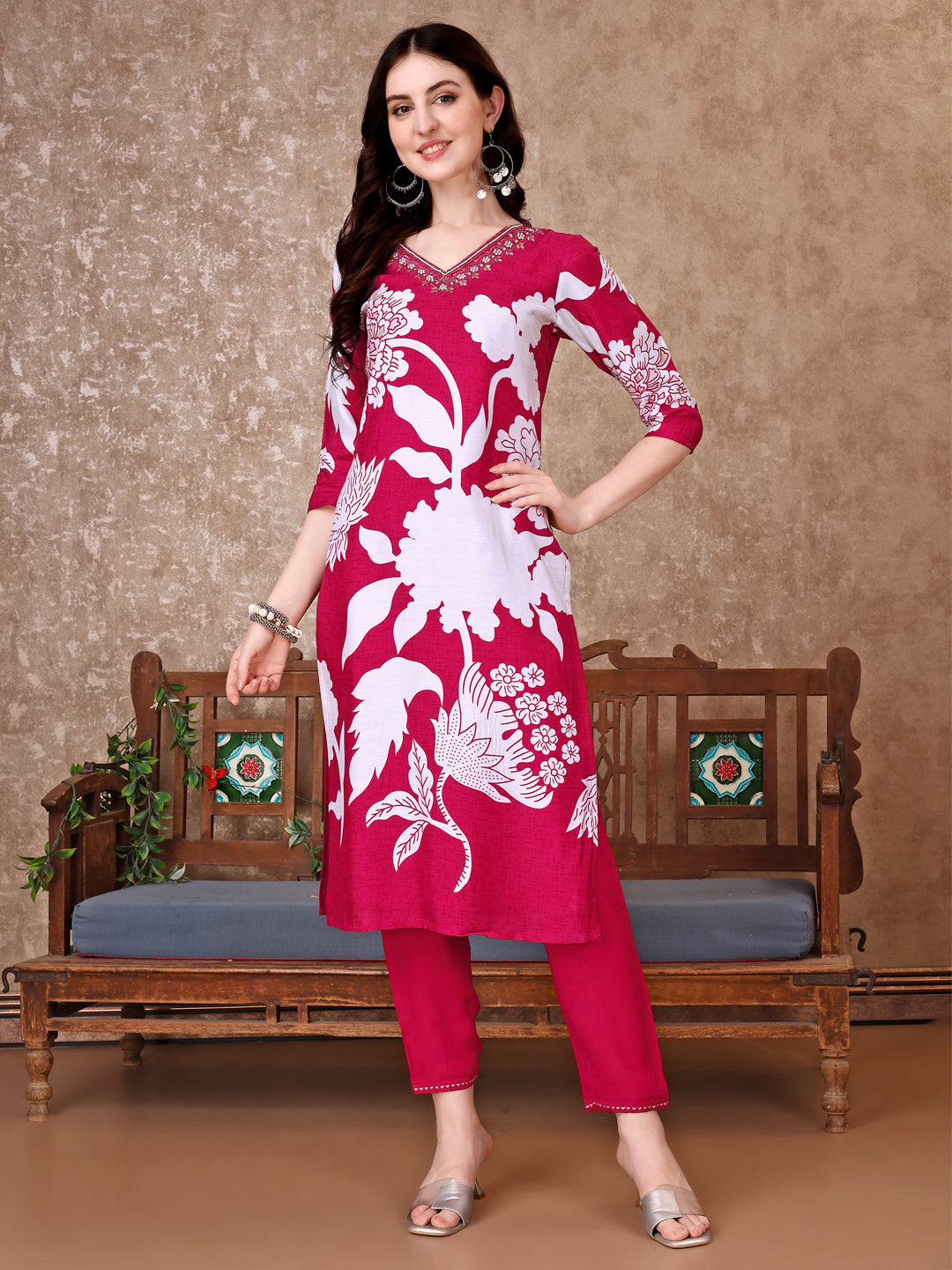Hand Embroidered & Floral Printed Pure Silk Kurta With Pant & Dupatta, Pink - Hiral Fashion