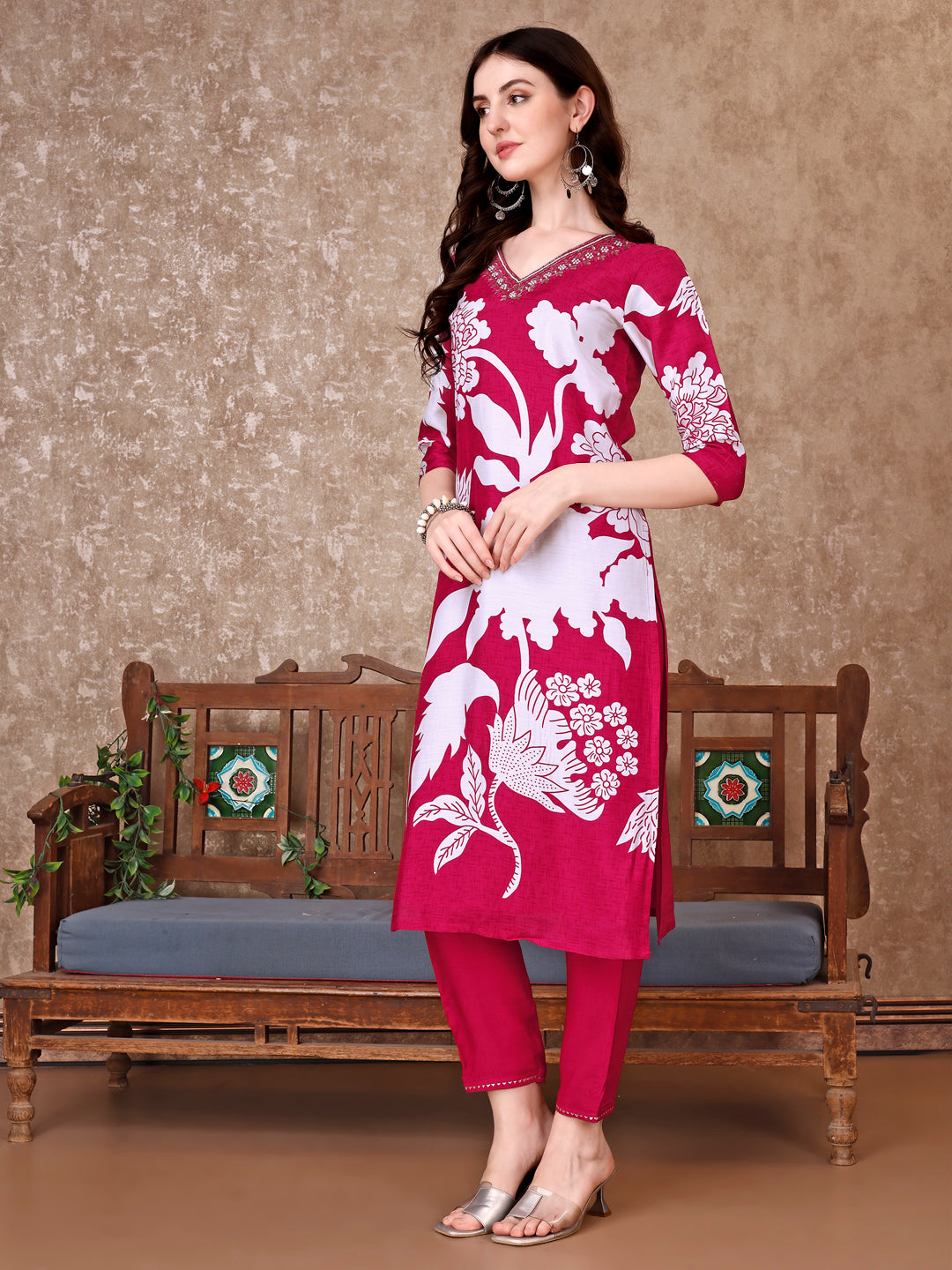 Hand Embroidered & Floral Printed Pure Silk Kurta With Pant & Dupatta, Pink - Hiral Fashion