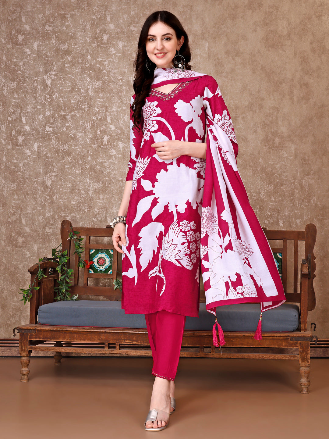 Hand Embroidered & Floral Printed Pure Silk Kurta With Pant & Dupatta, Pink - Hiral Fashion