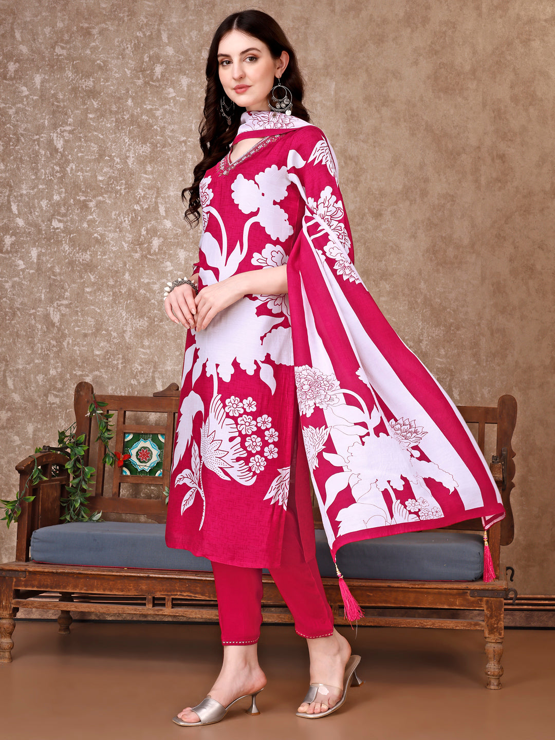 Hand Embroidered & Floral Printed Pure Silk Kurta With Pant & Dupatta, Pink - Hiral Fashion