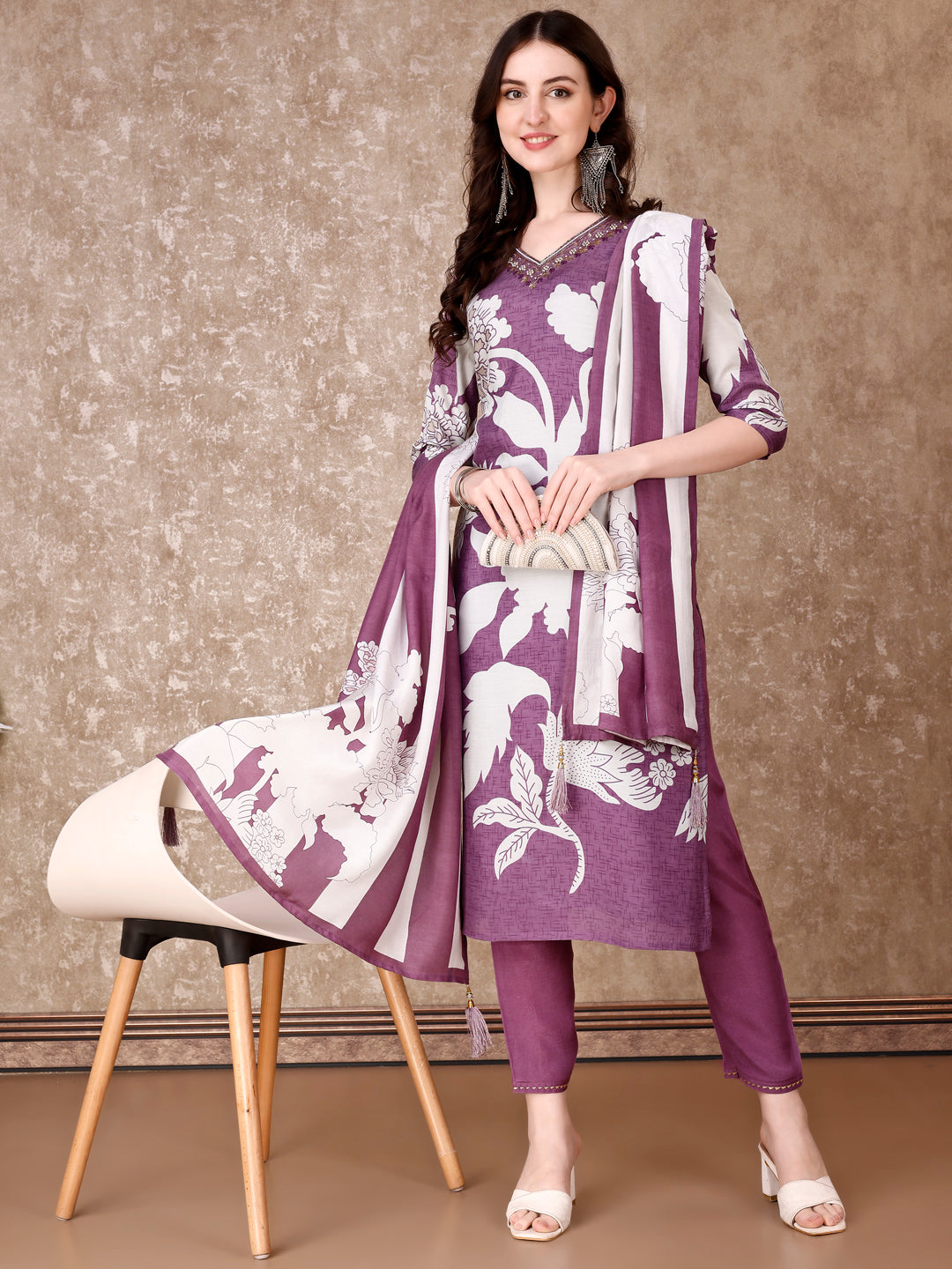 Hand Embroidered & Floral Printed Pure Silk Kurta With Pant & Dupatta, Lavender - Hiral Fashion