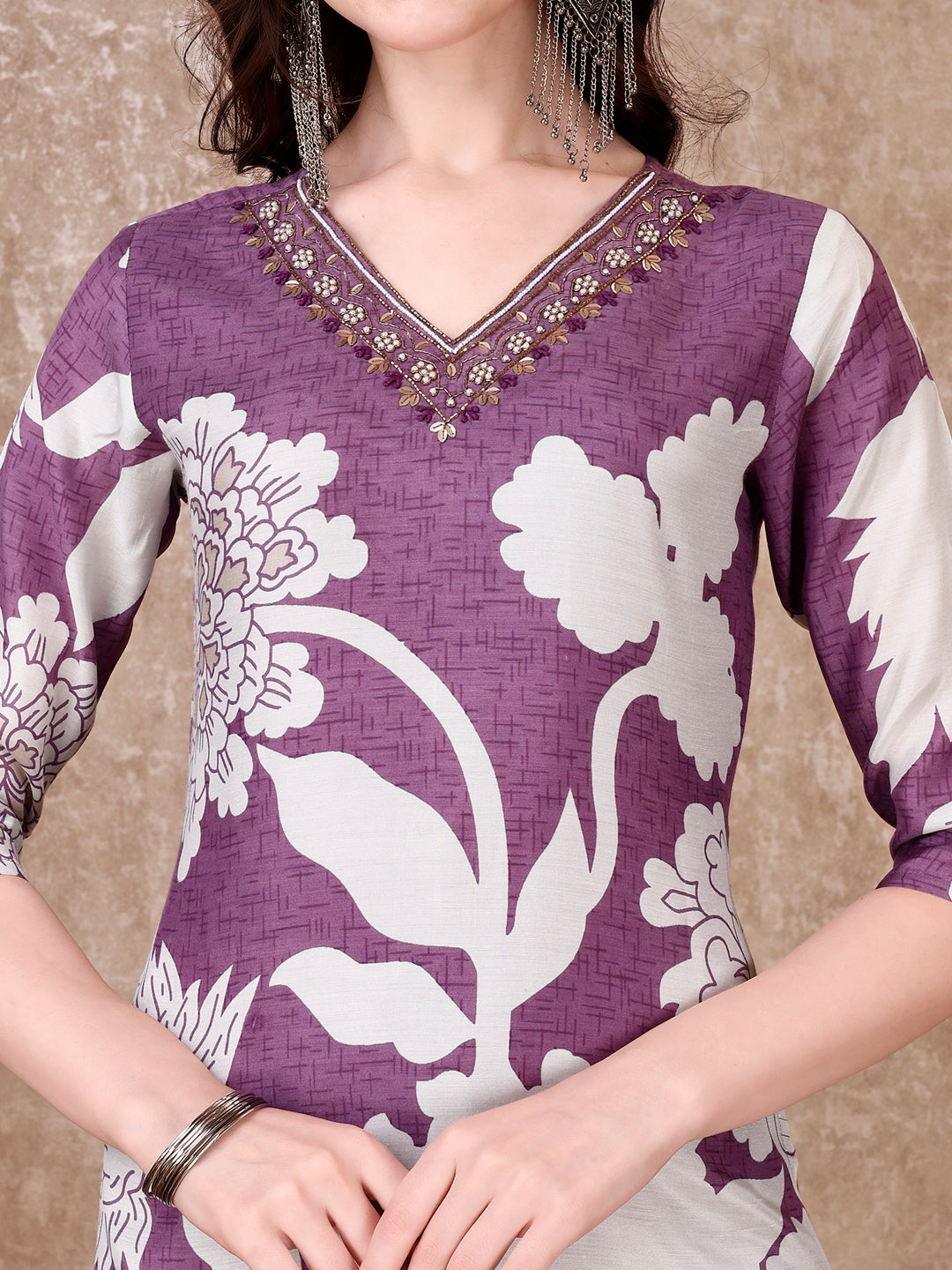 Hand Embroidered & Floral Printed Pure Silk Kurta With Pant & Dupatta, Lavender - Hiral Fashion