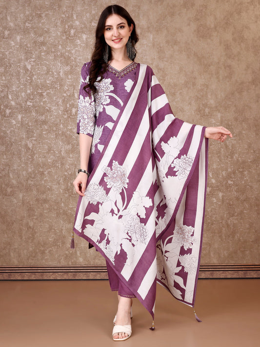 Hand Embroidered & Floral Printed Pure Silk Kurta With Pant & Dupatta, Lavender - Hiral Fashion