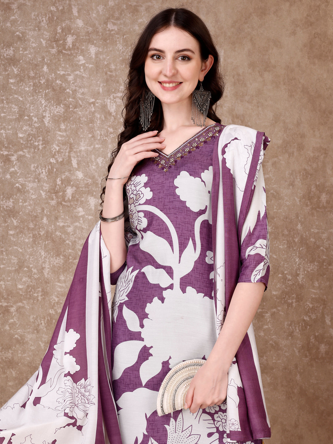 Hand Embroidered & Floral Printed Pure Silk Kurta With Pant & Dupatta, Lavender - Hiral Fashion