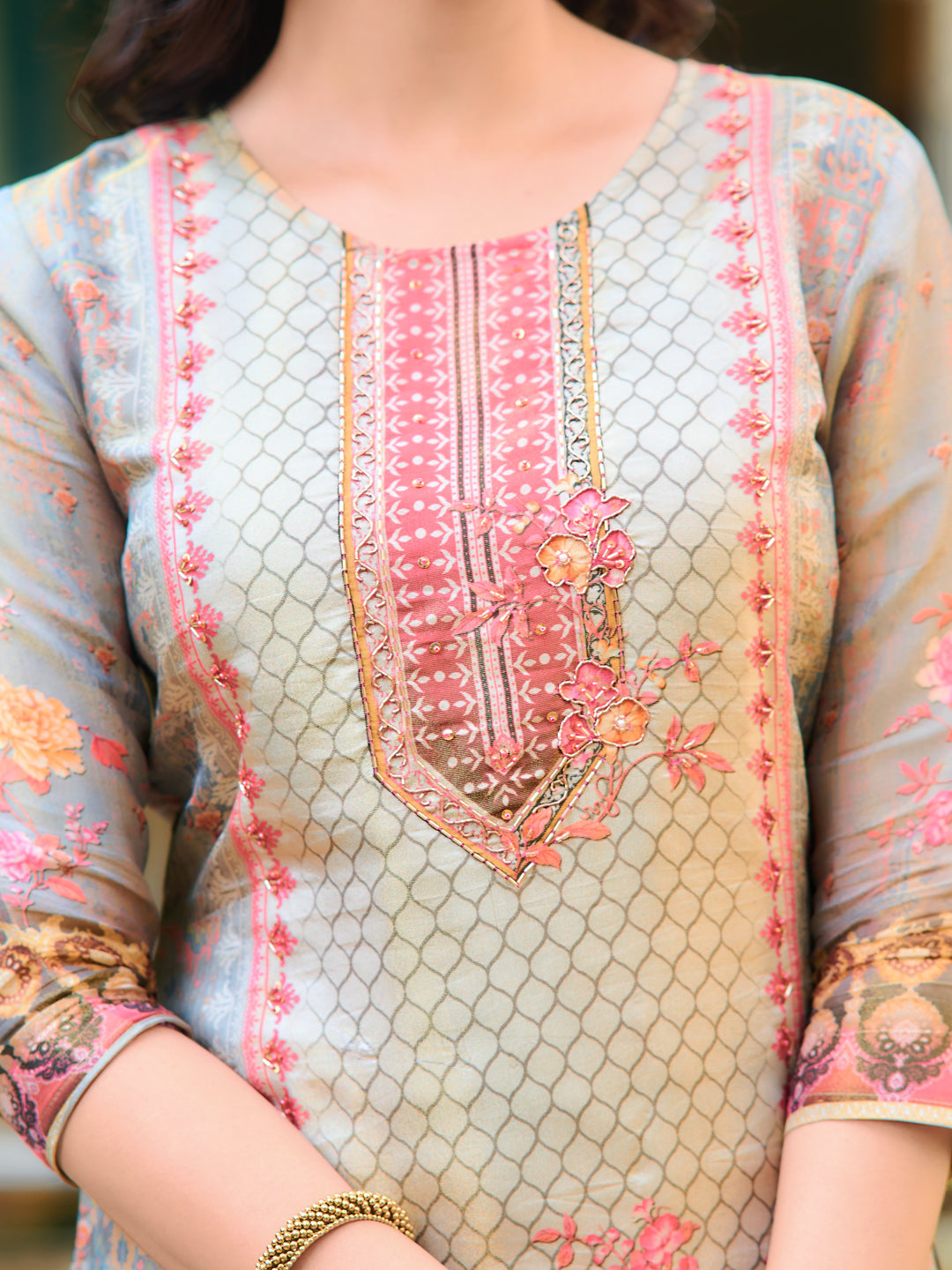 Hand Embroidered & Printed Pure Silk Kurta With Pant & Printed Dupatta, Grey - Hiral Fashion