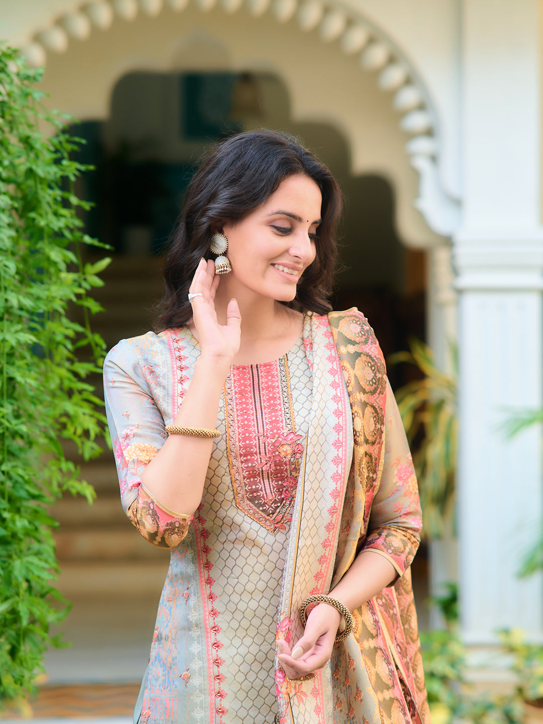 Hand Embroidered & Printed Pure Silk Kurta With Pant & Printed Dupatta, Grey - Hiral Fashion