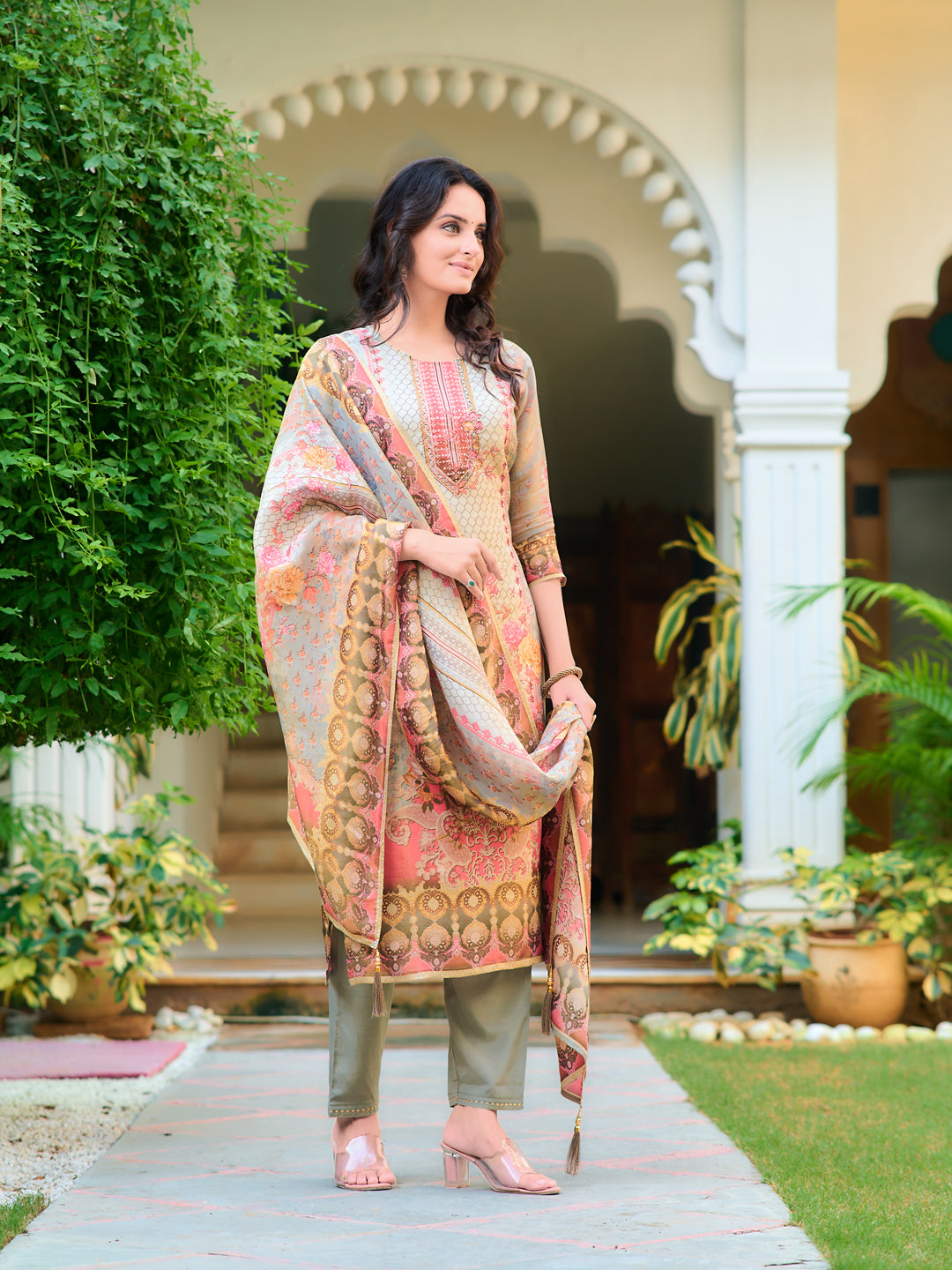 Hand Embroidered & Printed Pure Silk Kurta With Pant & Printed Dupatta, Grey - Hiral Fashion