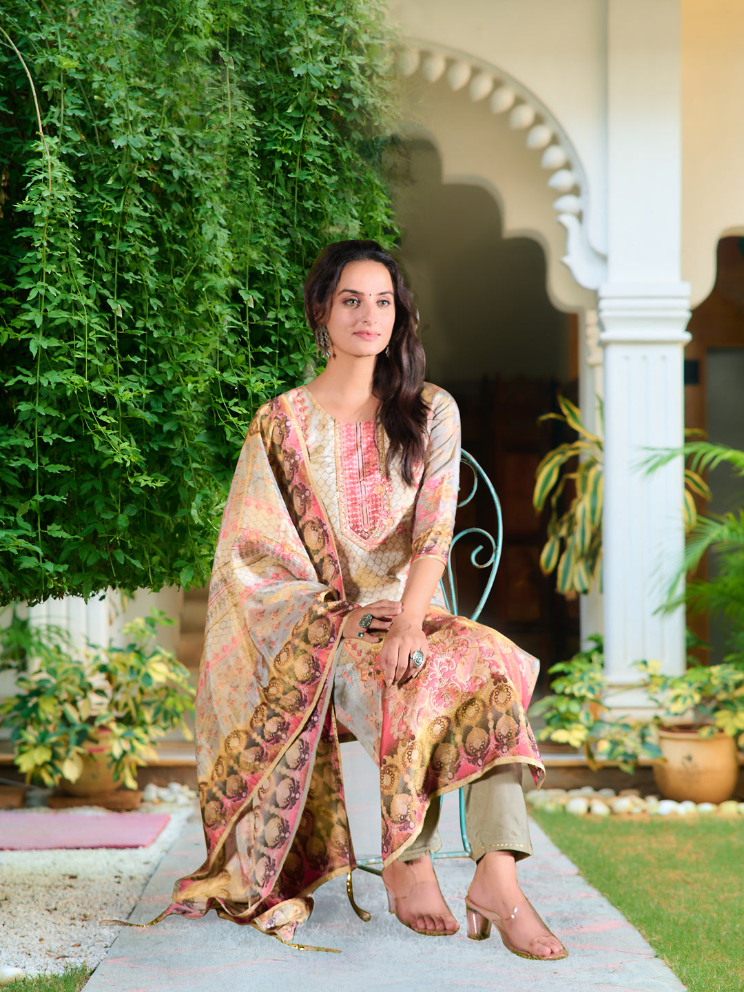 Hand Embroidered & Printed Pure Silk Kurta With Pant & Printed Dupatta, Grey - Hiral Fashion