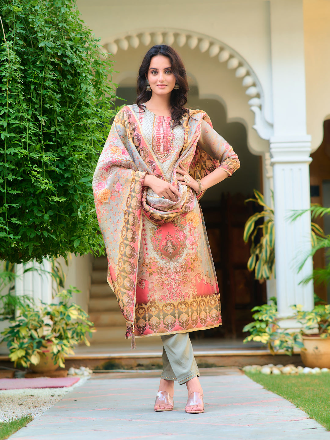 Hand Embroidered & Printed Pure Silk Kurta With Pant & Printed Dupatta, Grey - Hiral Fashion