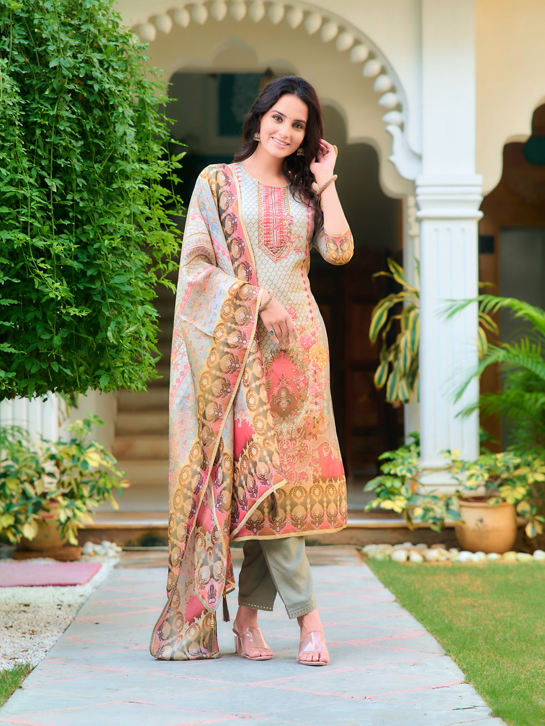 Hand Embroidered & Printed Pure Silk Kurta With Pant & Printed Dupatta, Grey - Hiral Fashion