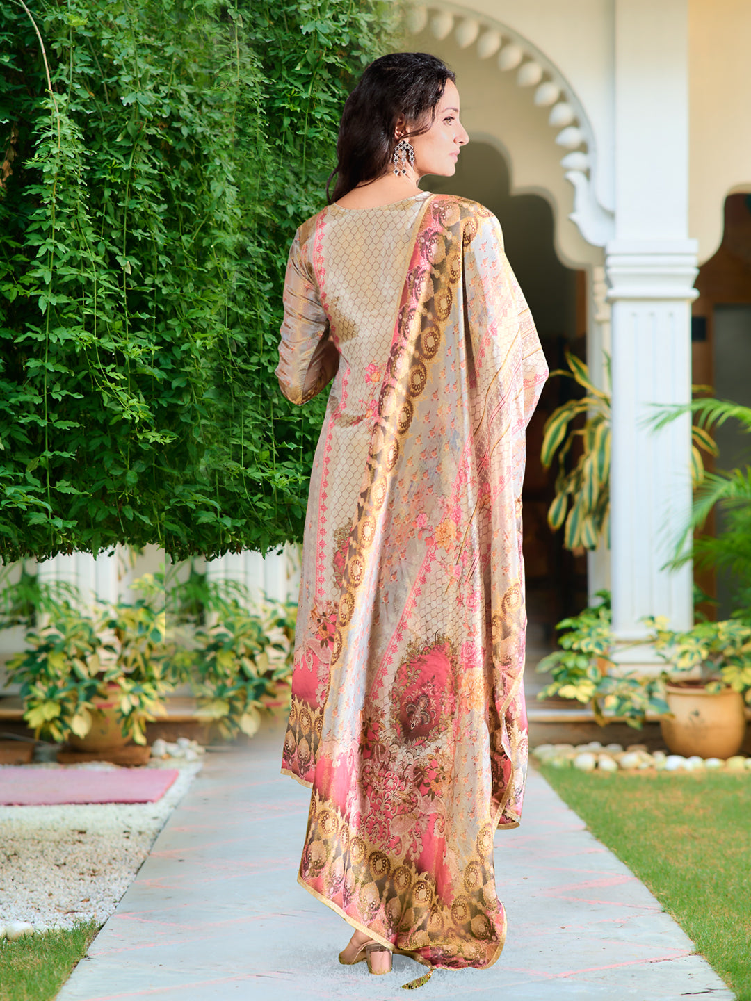 Hand Embroidered & Printed Pure Silk Kurta With Pant & Printed Dupatta, Grey - Hiral Fashion