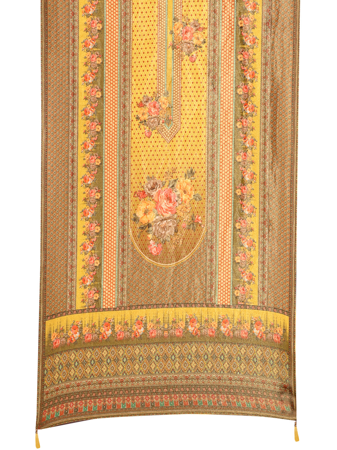 Hand Embroidered & Printed Pure Silk Kurta With Pant & Printed Dupatta, Yellow - Hiral Fashion