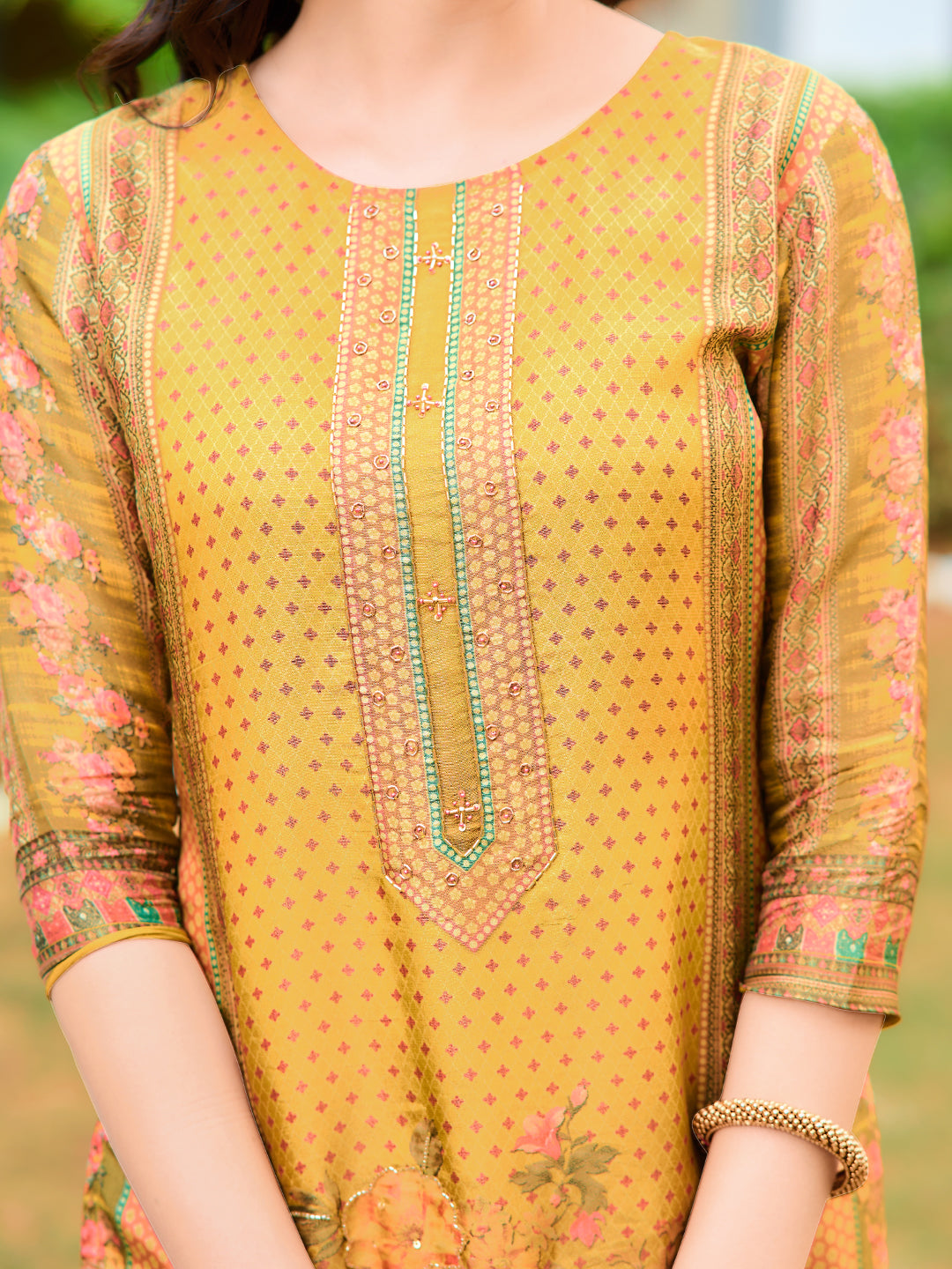 Hand Embroidered & Printed Pure Silk Kurta With Pant & Printed Dupatta, Yellow - Hiral Fashion