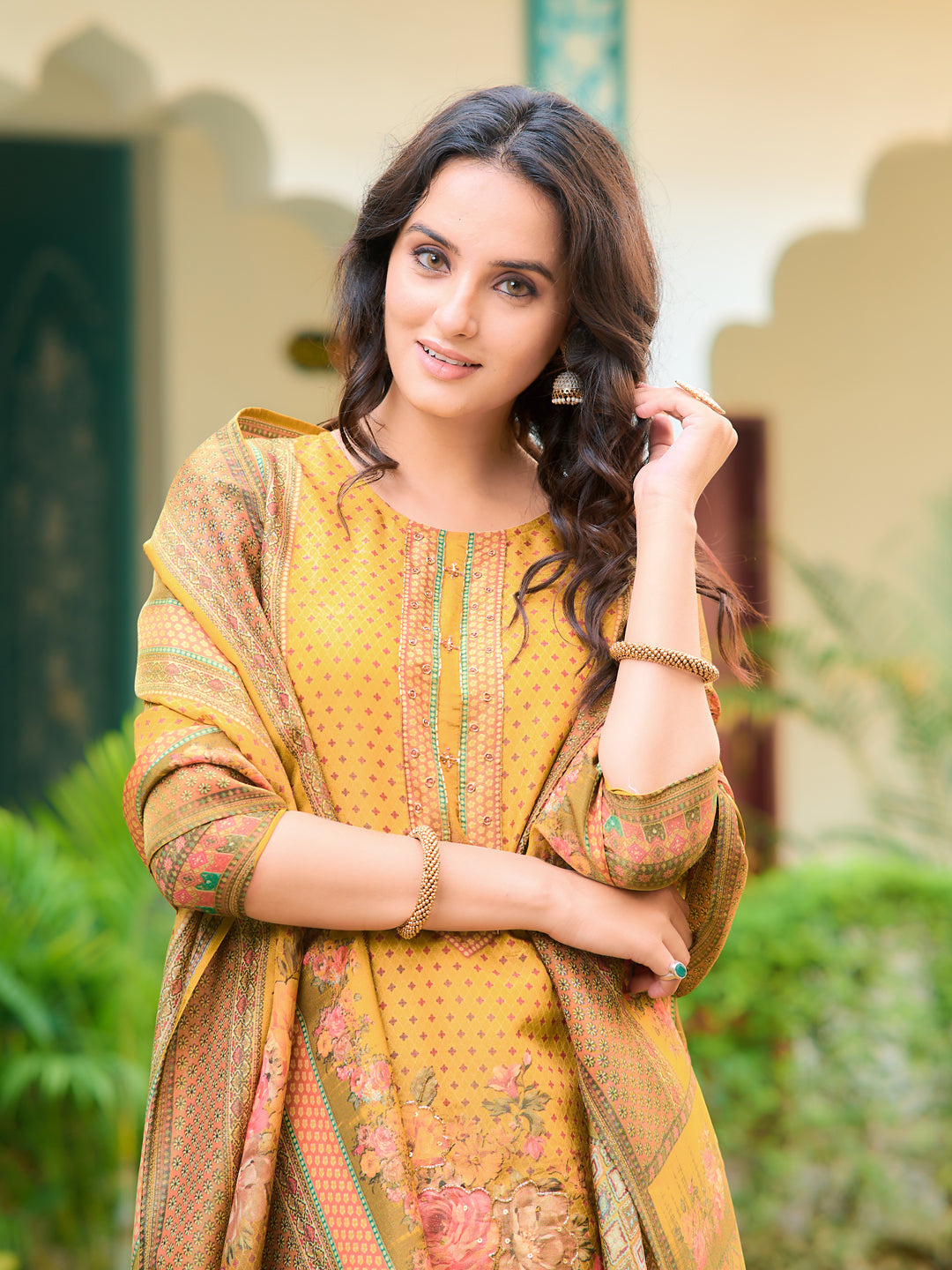 Hand Embroidered & Printed Pure Silk Kurta With Pant & Printed Dupatta, Yellow - Hiral Fashion