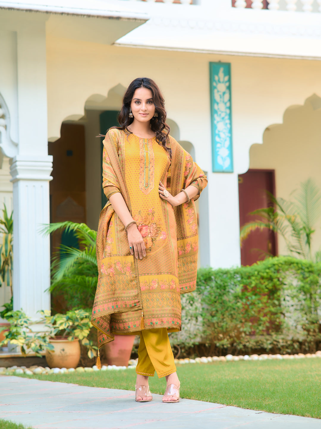 Hand Embroidered & Printed Pure Silk Kurta With Pant & Printed Dupatta, Yellow - Hiral Fashion