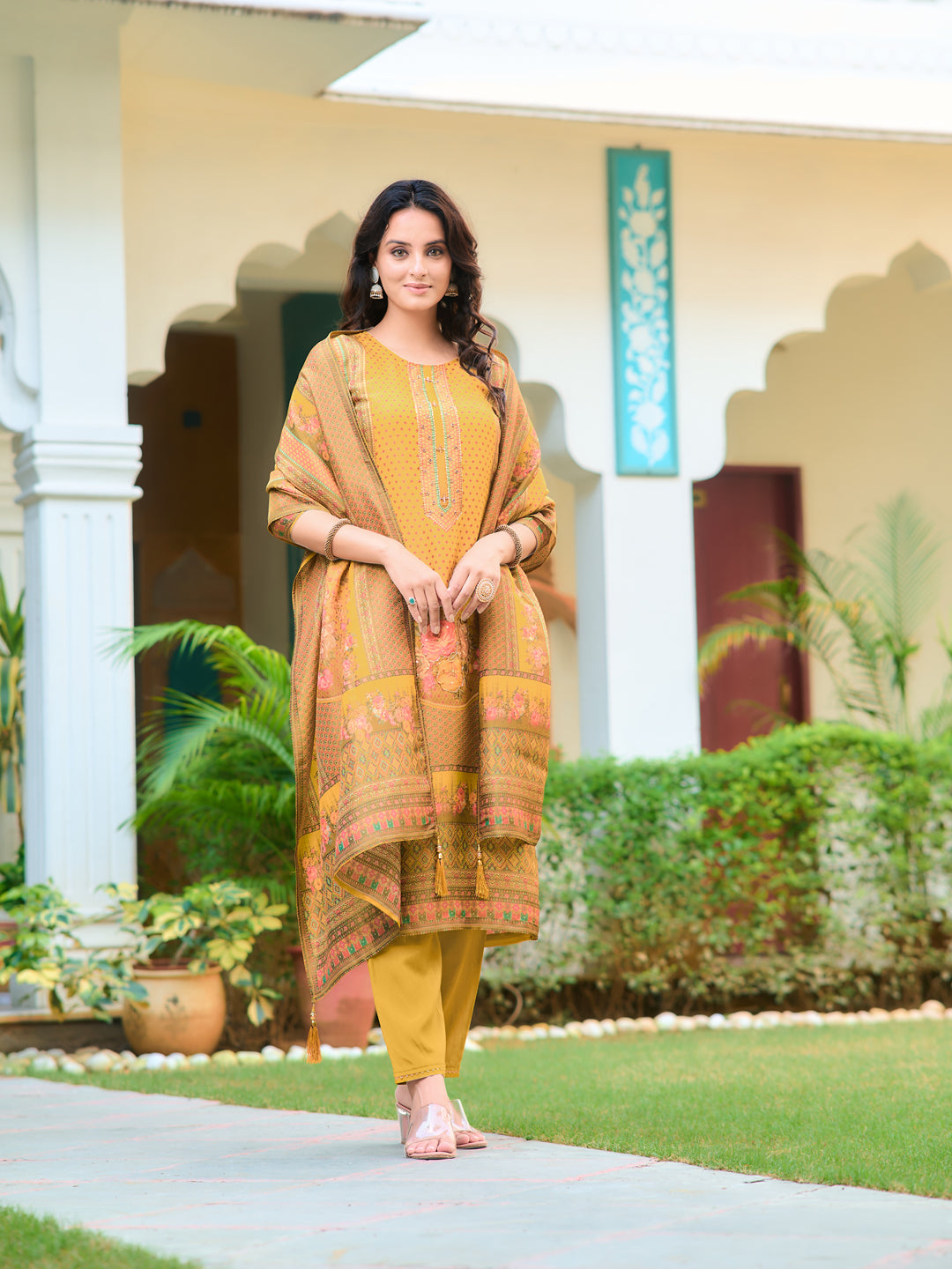 Hand Embroidered & Printed Pure Silk Kurta With Pant & Printed Dupatta, Yellow - Hiral Fashion