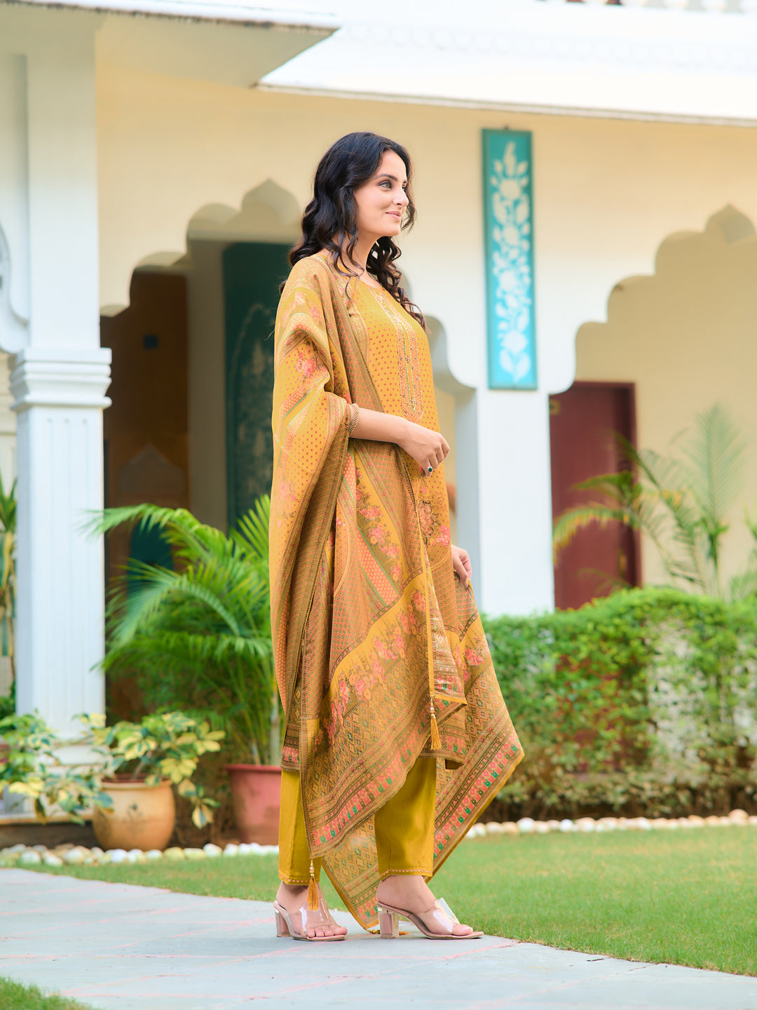 Hand Embroidered & Printed Pure Silk Kurta With Pant & Printed Dupatta, Yellow - Hiral Fashion