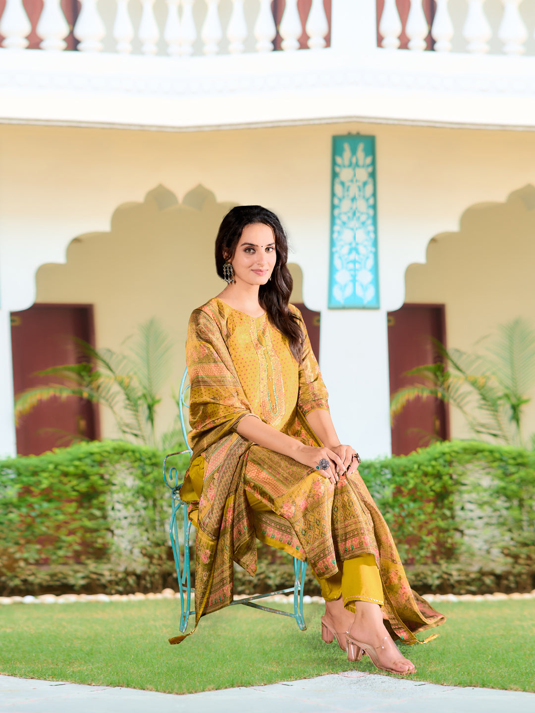Hand Embroidered & Printed Pure Silk Kurta With Pant & Printed Dupatta, Yellow - Hiral Fashion
