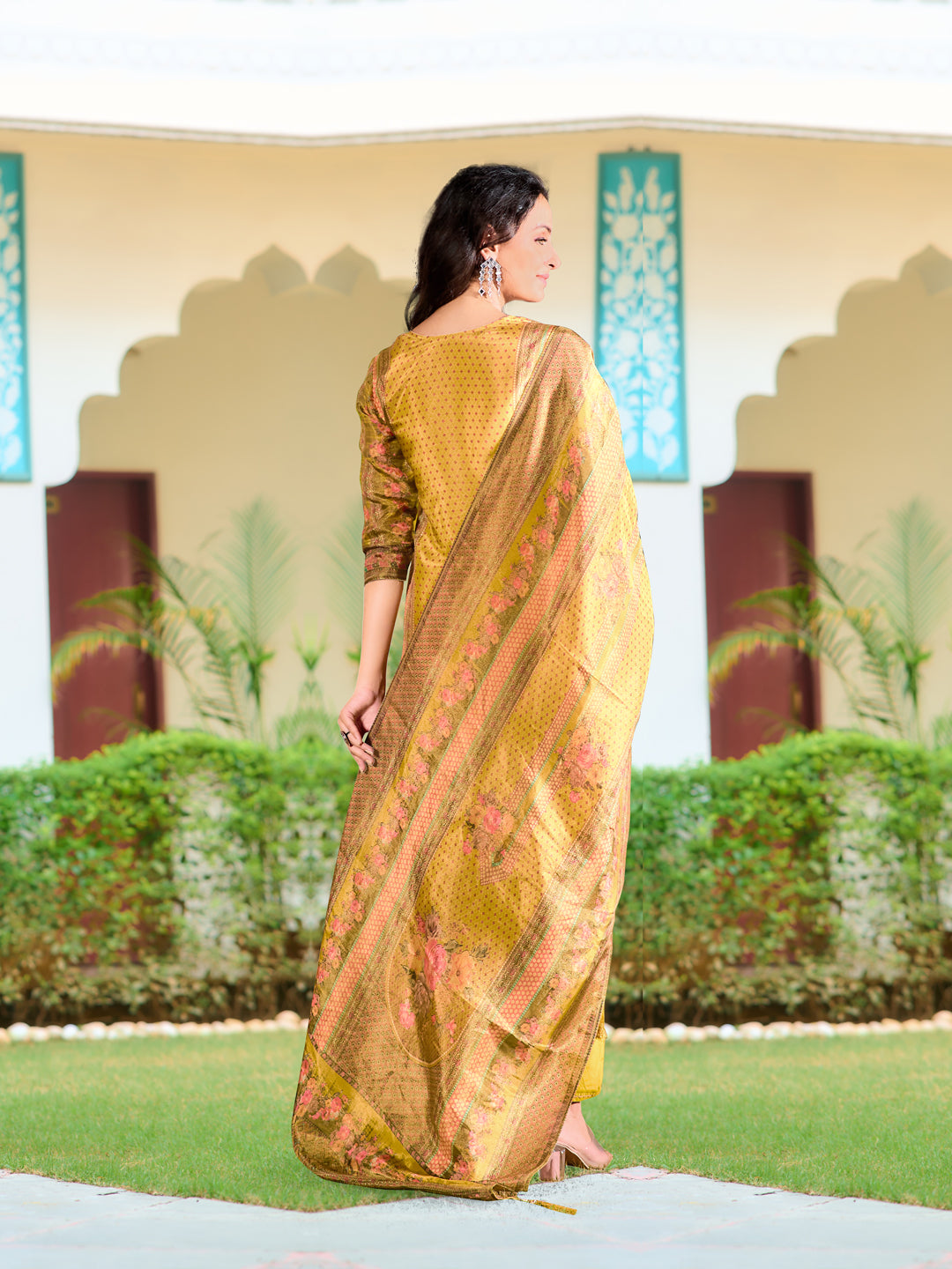 Hand Embroidered & Printed Pure Silk Kurta With Pant & Printed Dupatta, Yellow - Hiral Fashion