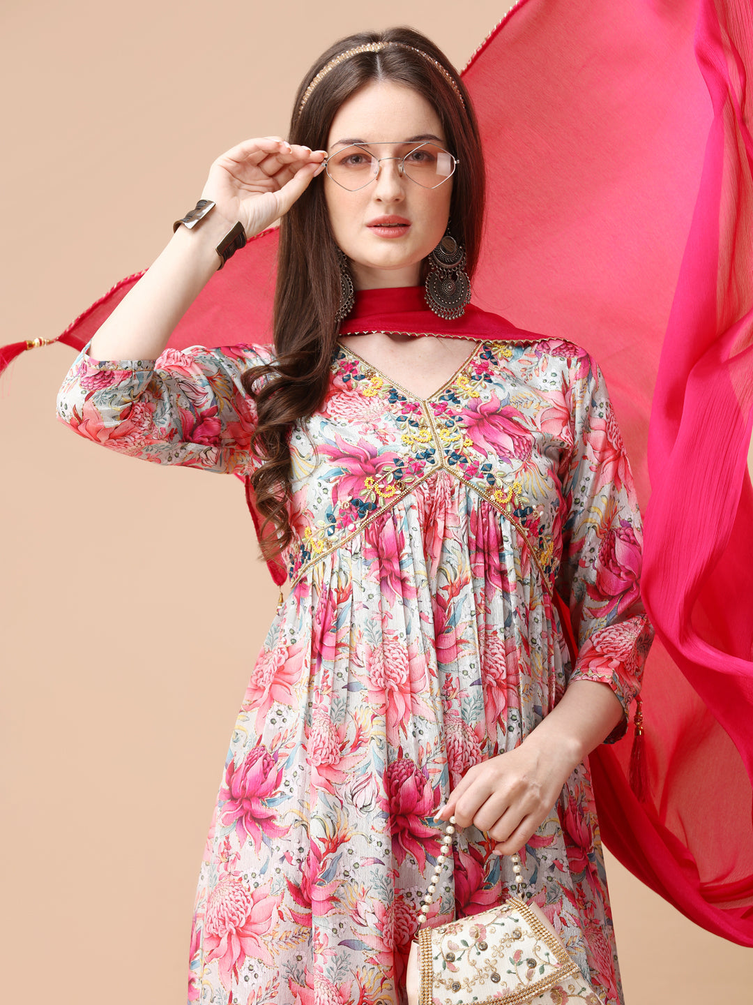 Alia Cut Hand Embroidered Floral Printed Pure Chinon Kurta With Pant & Dupatta, Multicolor - Hiral Fashion