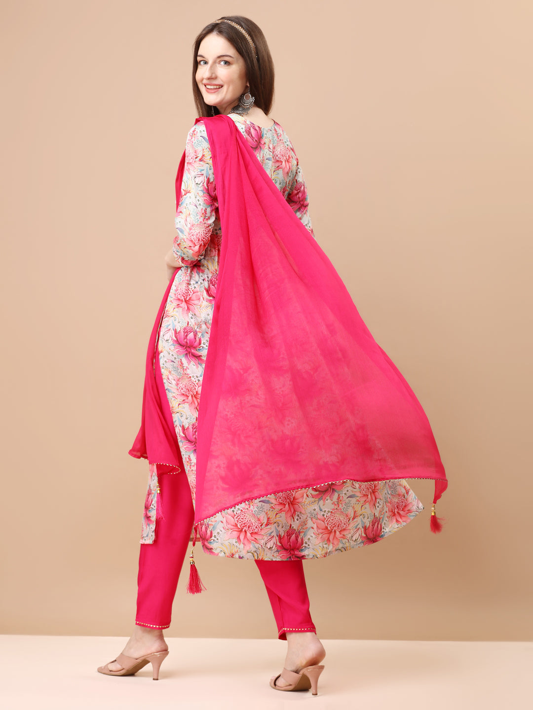 Alia Cut Hand Embroidered Floral Printed Pure Chinon Kurta With Pant & Dupatta, Multicolor - Hiral Fashion