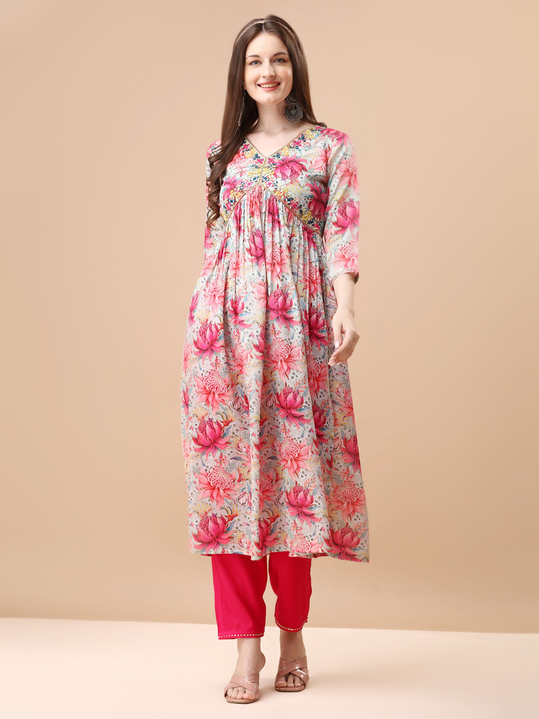 Alia Cut Hand Embroidered Floral Printed Pure Chinon Kurta With Pant & Dupatta, Multicolor - Hiral Fashion