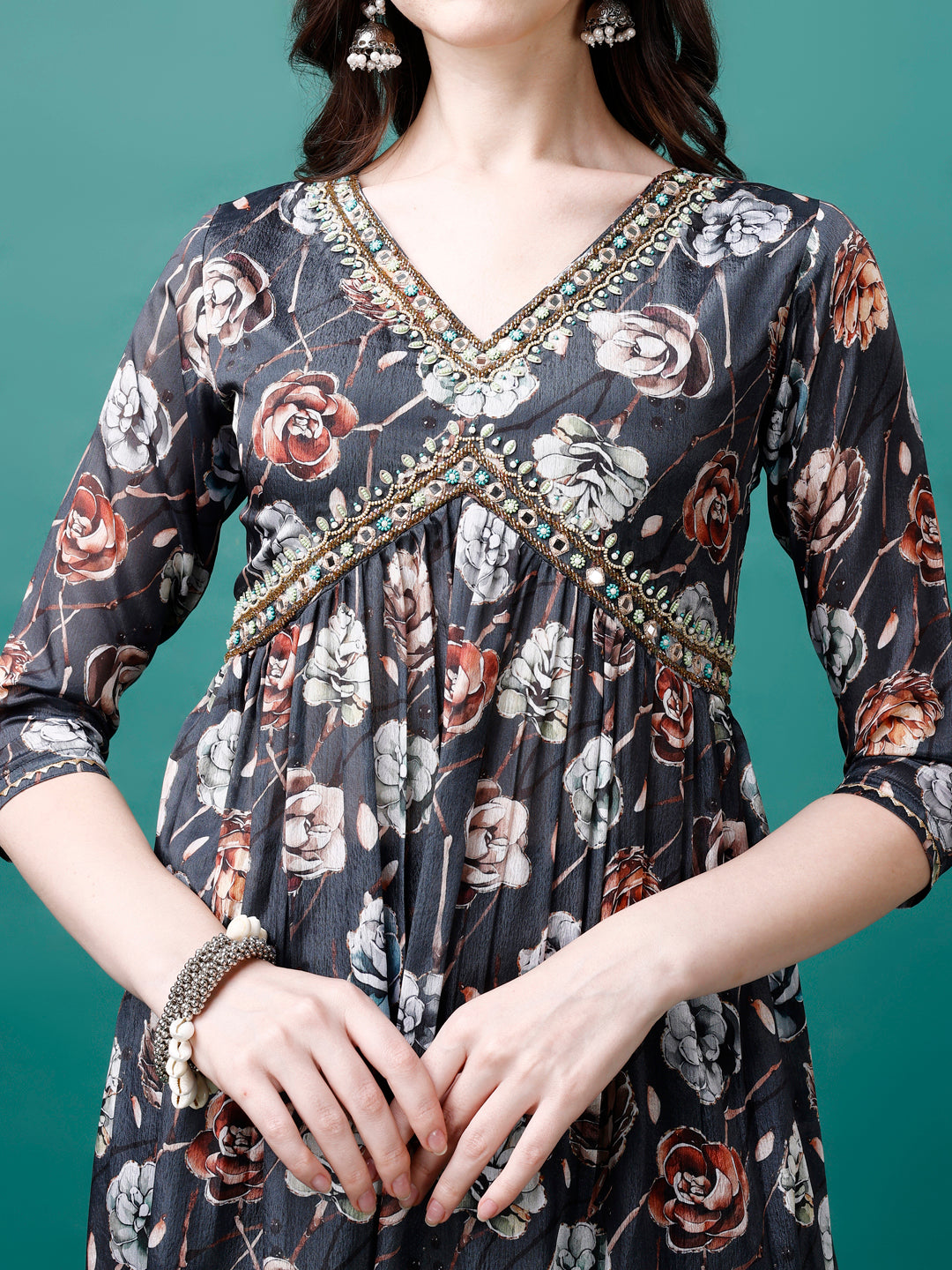 Alia Cut Hand Embroidered Floral Printed Pure Chinon Kurta With Pant & Dupatta, Multicolor - Hiral Fashion