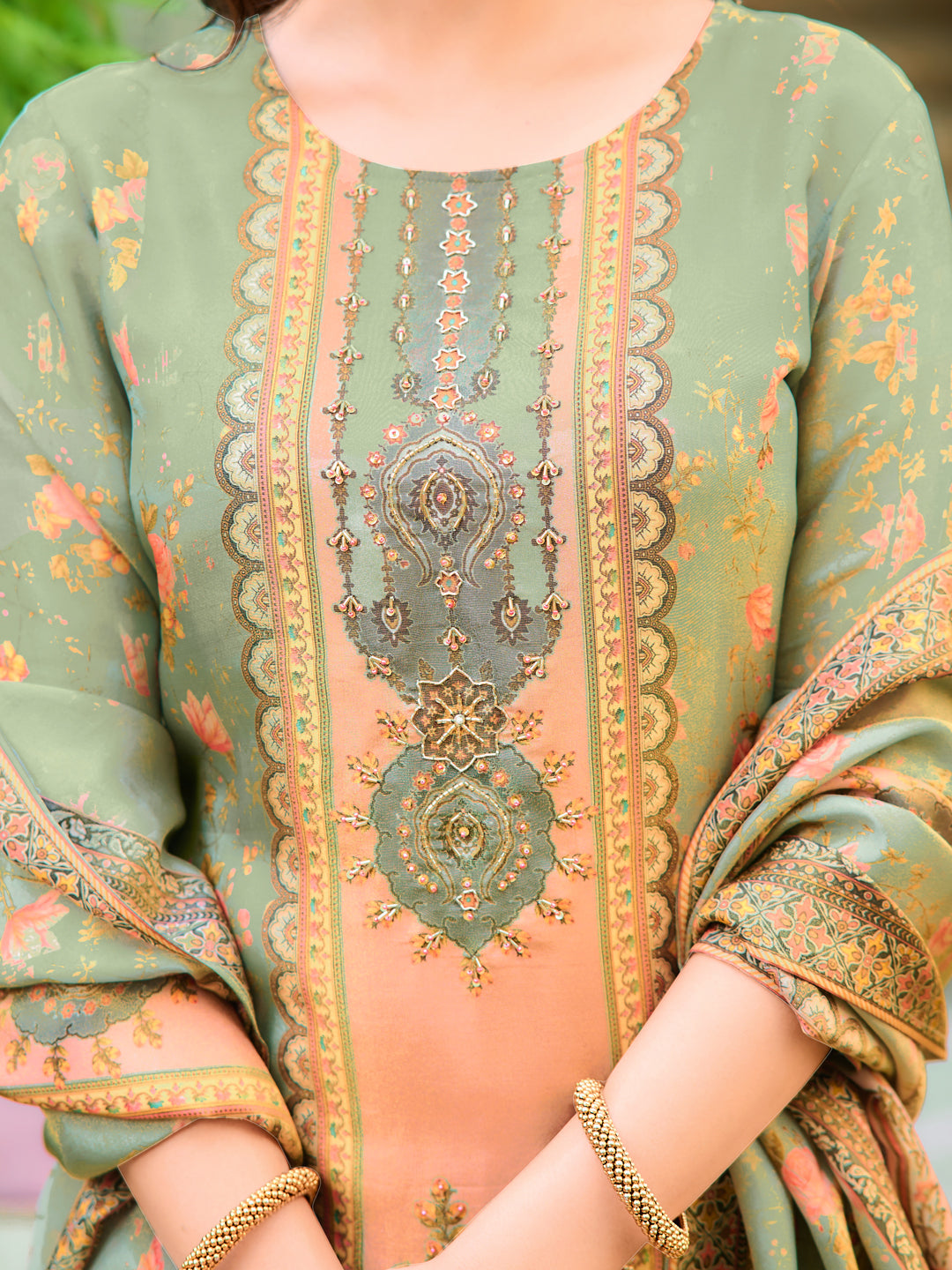 Hand Embroidered & Printed Pure Silk Kurta With Pant & Printed Dupatta, Green - Hiral Fashion