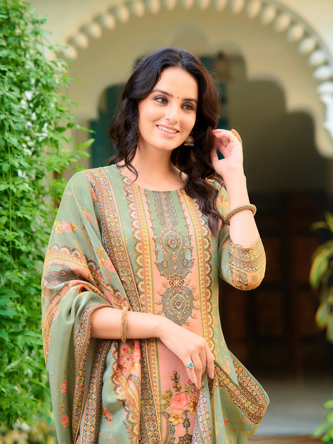 Hand Embroidered & Printed Pure Silk Kurta With Pant & Printed Dupatta, Green - Hiral Fashion