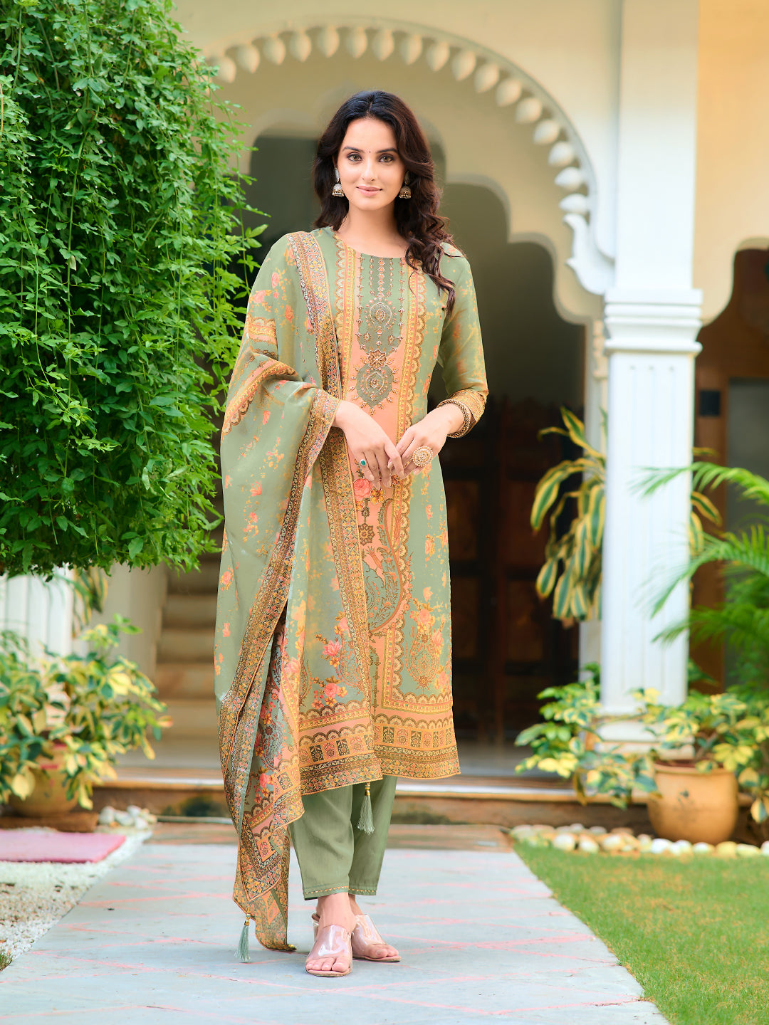 Hand Embroidered & Printed Pure Silk Kurta With Pant & Printed Dupatta, Green - Hiral Fashion