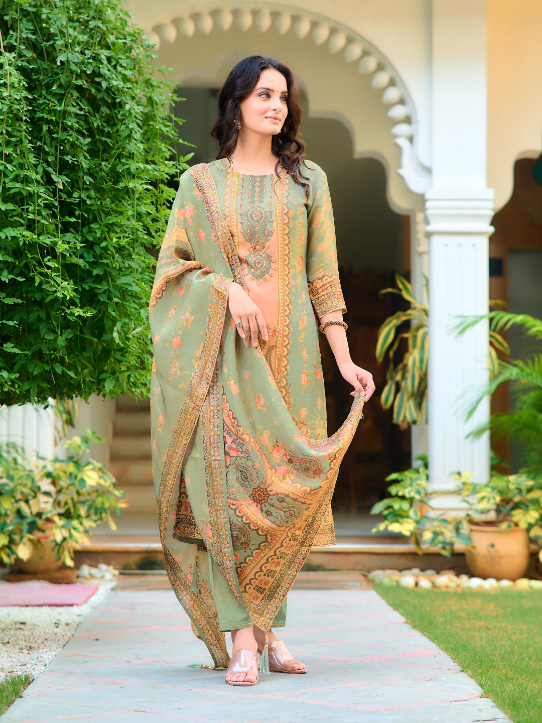 Hand Embroidered & Printed Pure Silk Kurta With Pant & Printed Dupatta, Green - Hiral Fashion