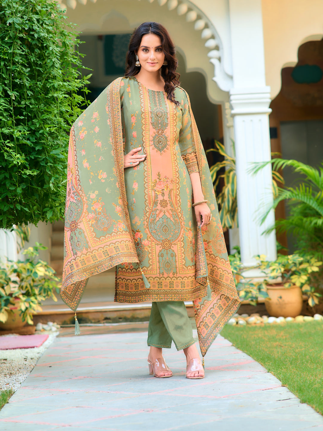 Hand Embroidered & Printed Pure Silk Kurta With Pant & Printed Dupatta, Green - Hiral Fashion