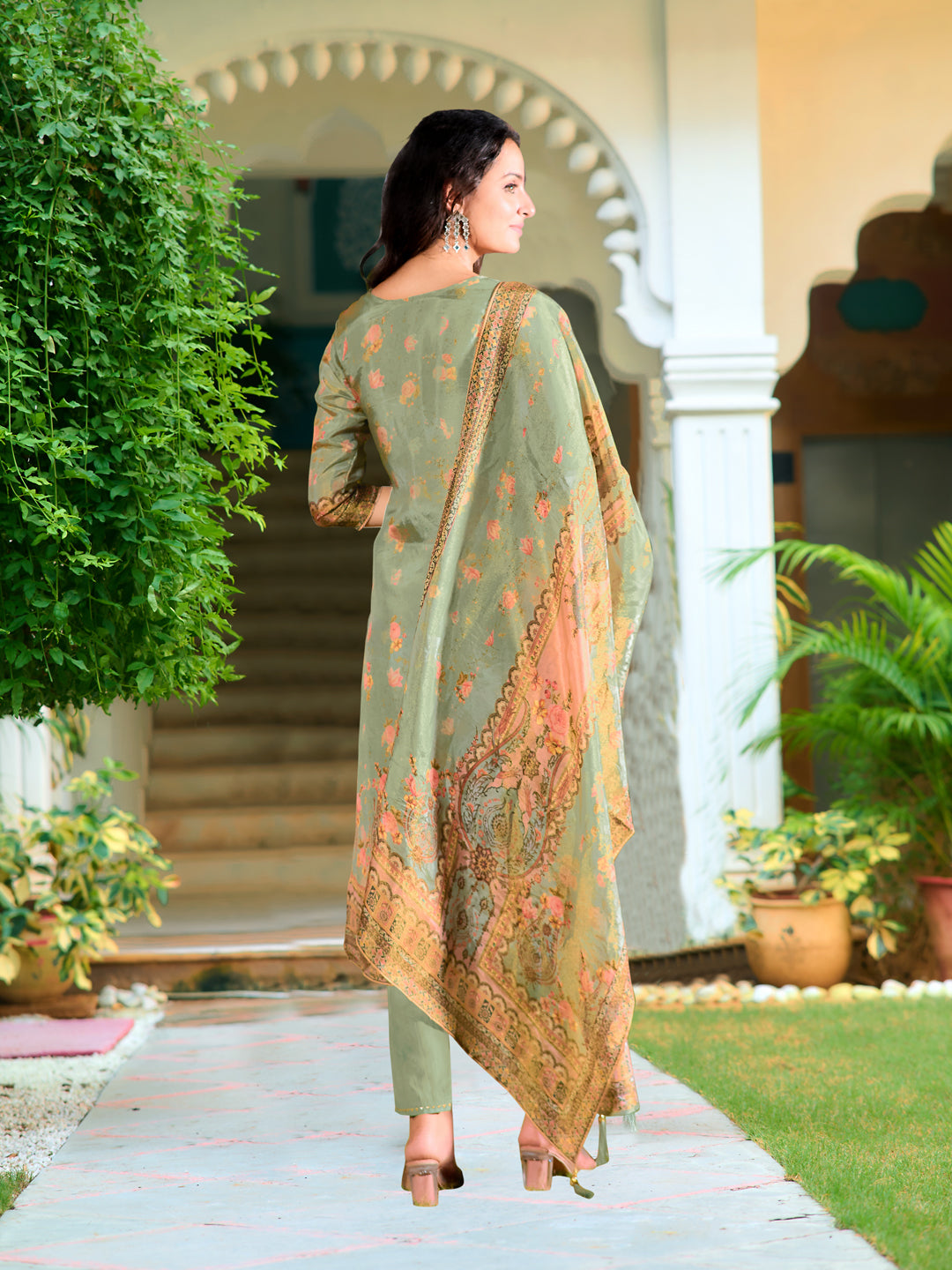 Hand Embroidered & Printed Pure Silk Kurta With Pant & Printed Dupatta, Green - Hiral Fashion