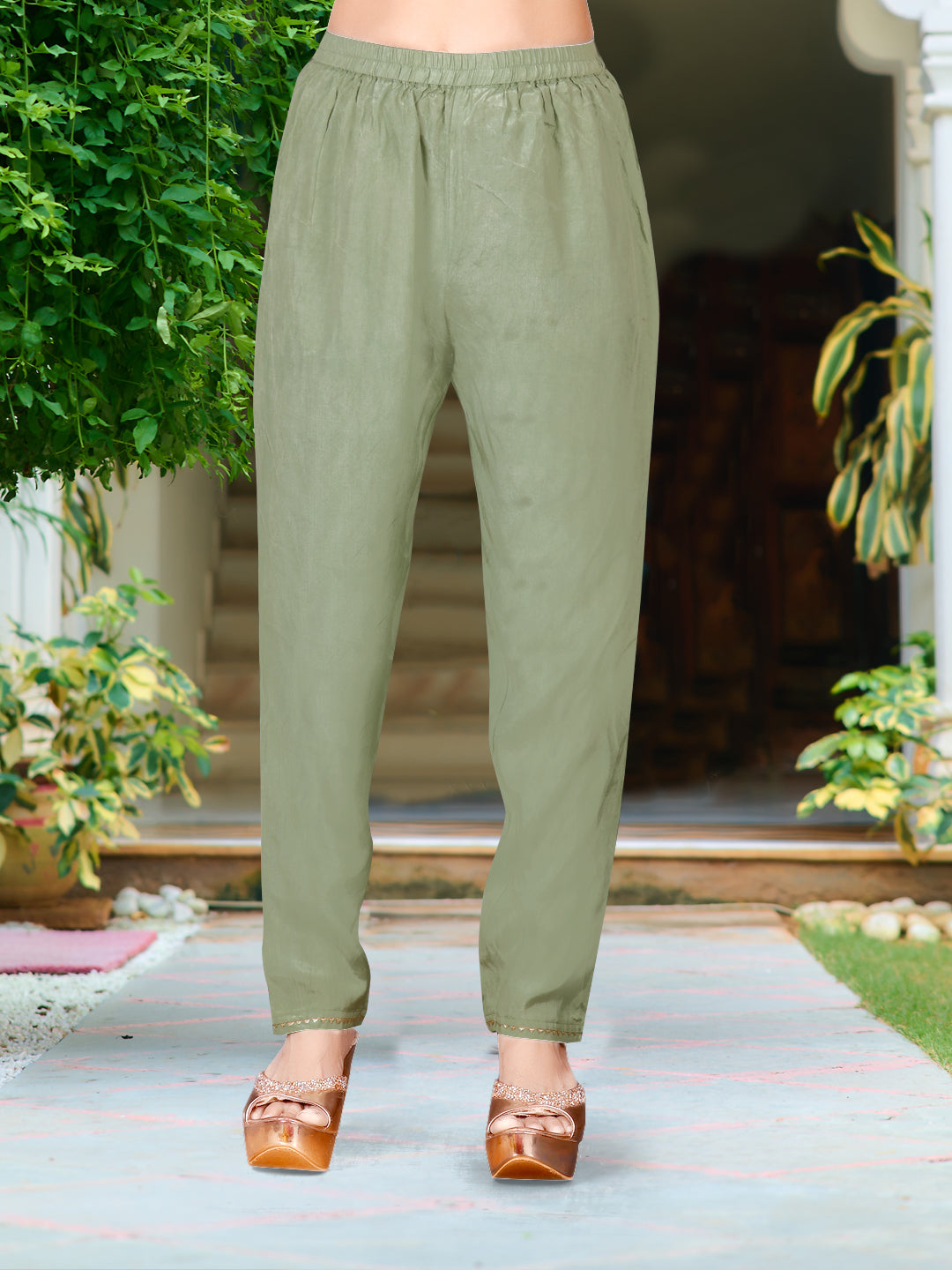 Hand Embroidered & Printed Pure Silk Kurta With Pant & Printed Dupatta, Green - Hiral Fashion