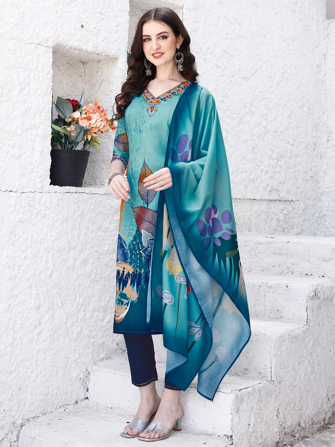 Embroidered & Floral Printed Kurta With Pant & Printed Dupatta Premium Luxury, Multicolor - Hiral Fashion