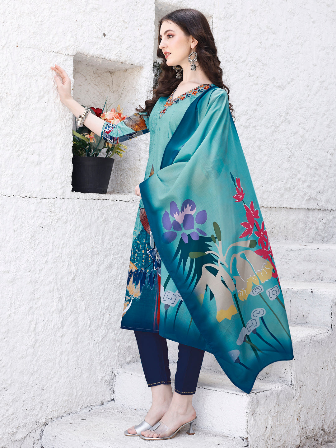 Embroidered & Floral Printed Kurta With Pant & Printed Dupatta Premium Luxury, Multicolor - Hiral Fashion