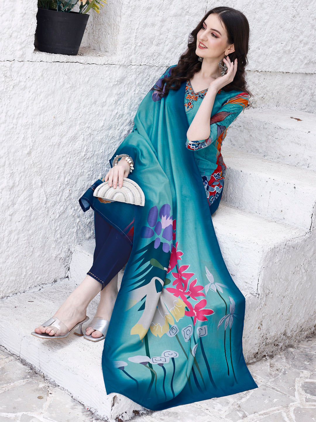 Embroidered & Floral Printed Kurta With Pant & Printed Dupatta Premium Luxury, Multicolor - Hiral Fashion