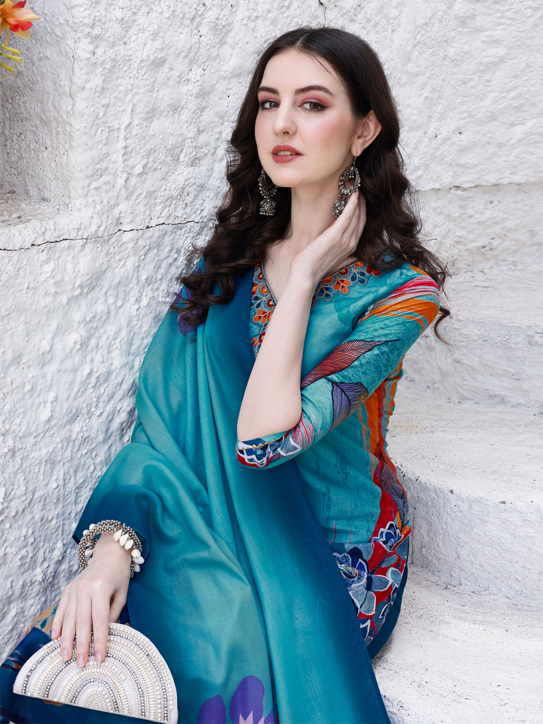 Embroidered & Floral Printed Kurta With Pant & Printed Dupatta Premium Luxury, Multicolor - Hiral Fashion